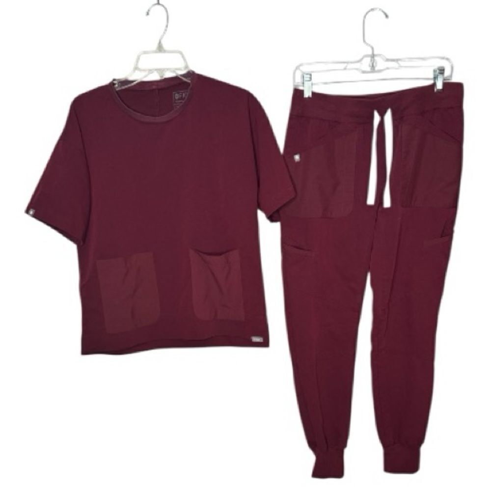Figs Maroon Two-Piece Jogger Set with Pockets. Top Size Small, Bottoms Size Lg.